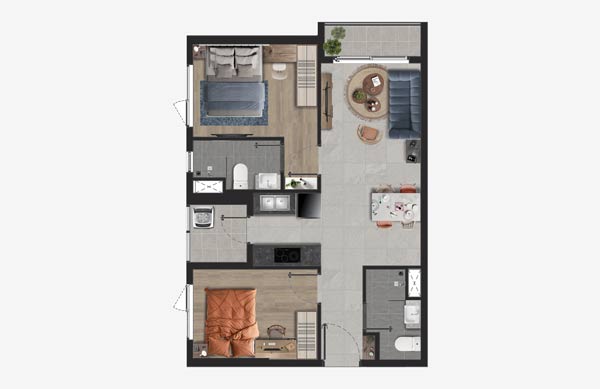 Mặt bằng 2 Phòng Ngủ